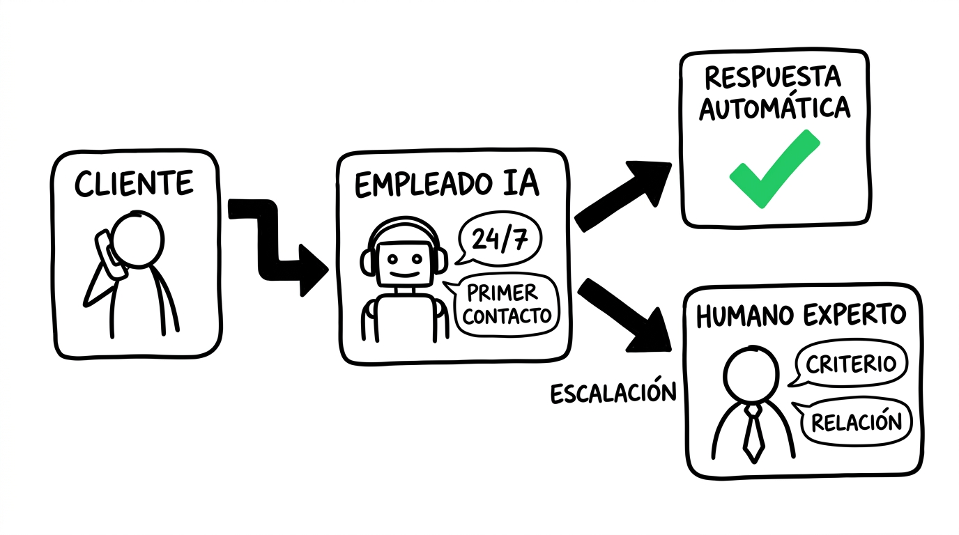 Arquitectura del equipo: cliente → Empleado IA (primer contacto 24/7) → Humano Experto (criterio y relación)