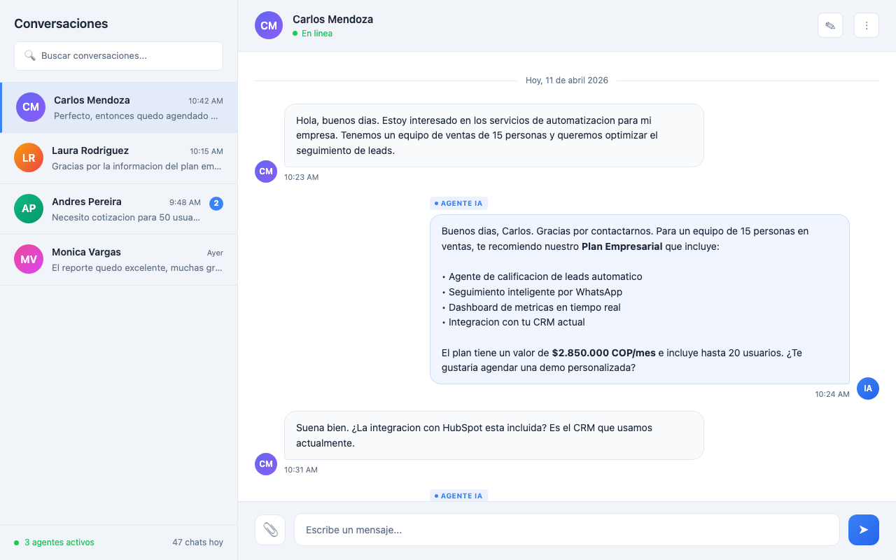 Interfaz de chat con conversaciones de WhatsApp atendidas por un Empleado IA